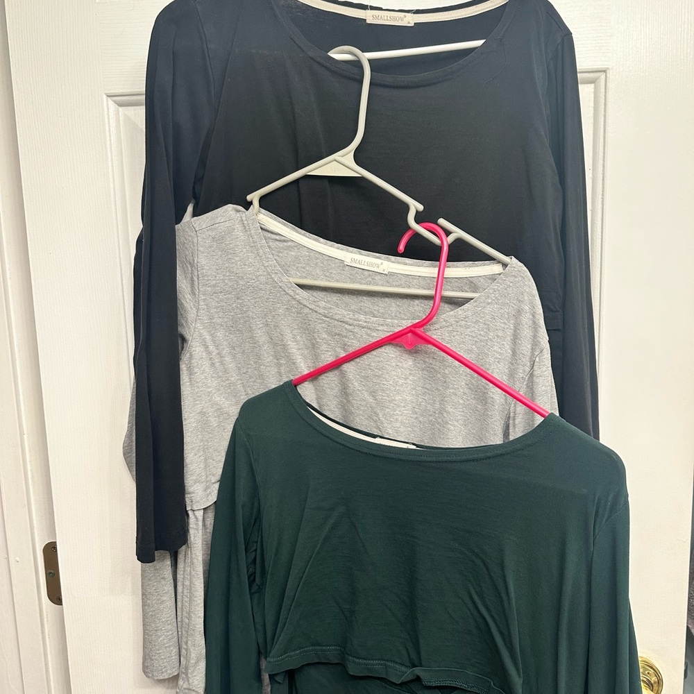3 pack long sleeve nursing shirts.  Size Medium.  Black, green and grey